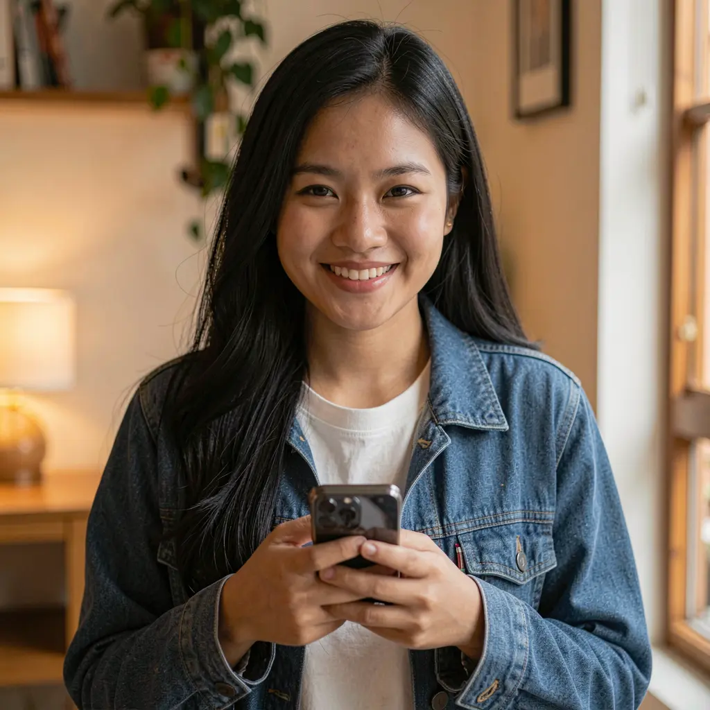 Smiling Filipino woman using the N5N5N5 casino app on her smartphone in a cozy indoor setting with warm lighting