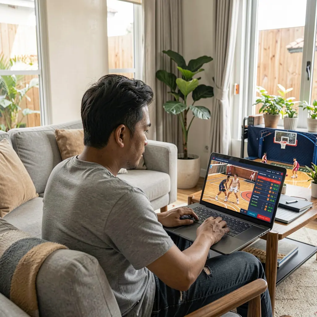 N5N5N5 Bet – Place live basketball bets online with confidence in the Philippines Focused Filipino sports bettor using a laptop to place live basketball bets through the N5N5N5 platform in a modern home setting