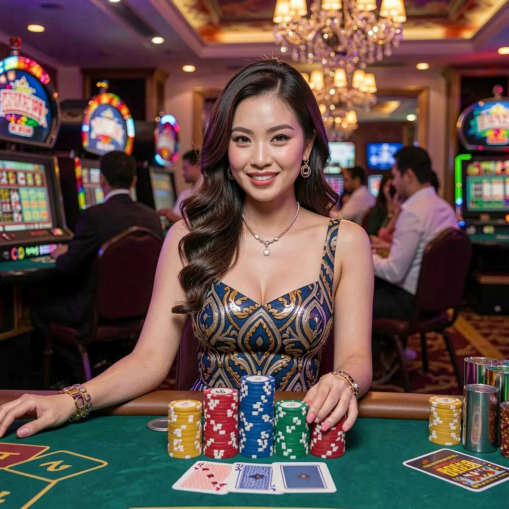 N5N5N5 – Discover high quality live casino tables built for Filipino players Elegant live casino dealer standing at a glowing gaming table surrounded by digital chips and slot machines representing the interactive N5N5N5 casino platform in the Philippines