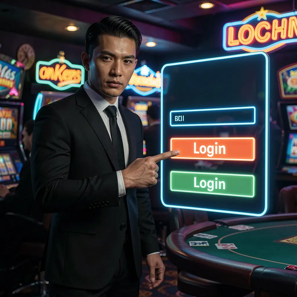 Confident Filipino casino ambassador pointing at a glowing digital login interface inside a modern casino atmosphere representing N5N5N5 Philippines