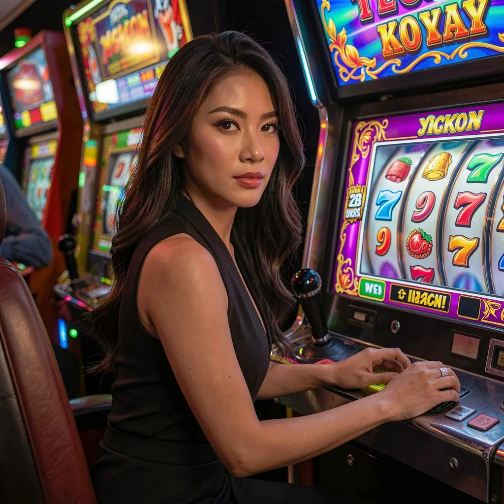 N5N5N5 – Experience premium slot entertainment designed for players in the Philippines Elegant Filipino woman in traditional attire enjoying modern slot machines with vibrant lights and casino ambiance at N5N5N5 online casino in the Philippines